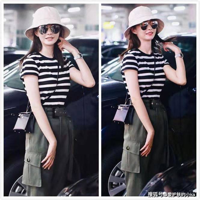 工装裤|沈梦辰私服搭配很有魅力，条纹衫配工装裤，渔夫帽更是吸睛出彩