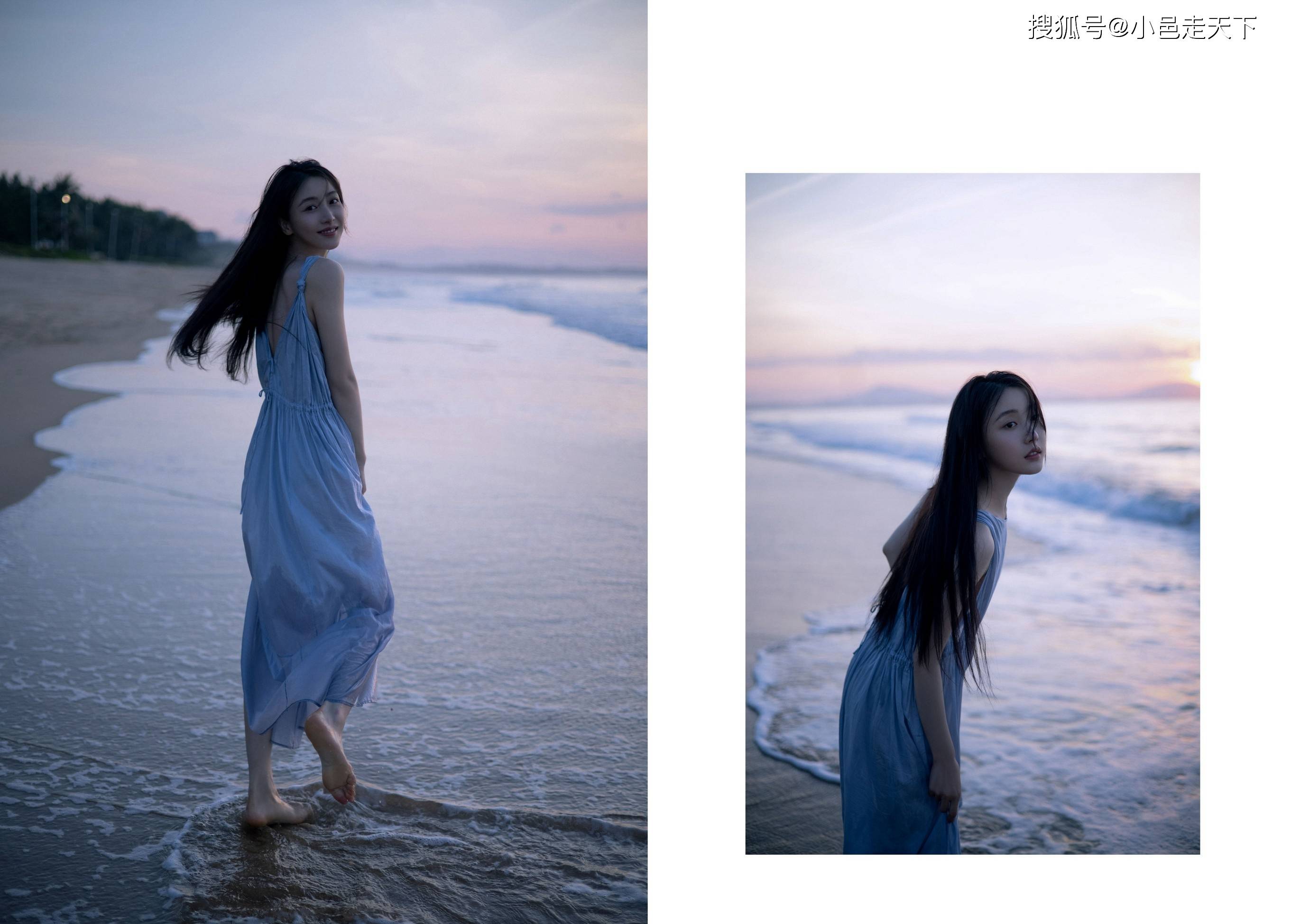 姜贞羽浅蓝色连衣裙海边写真