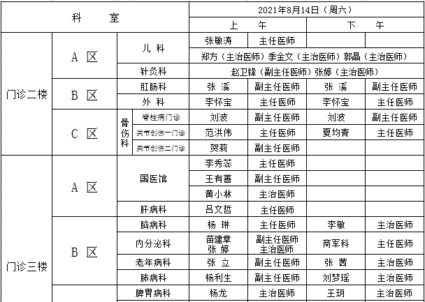 具体安排|丨收藏丨西安市中医医院周末（8月14日-15日）门诊安排