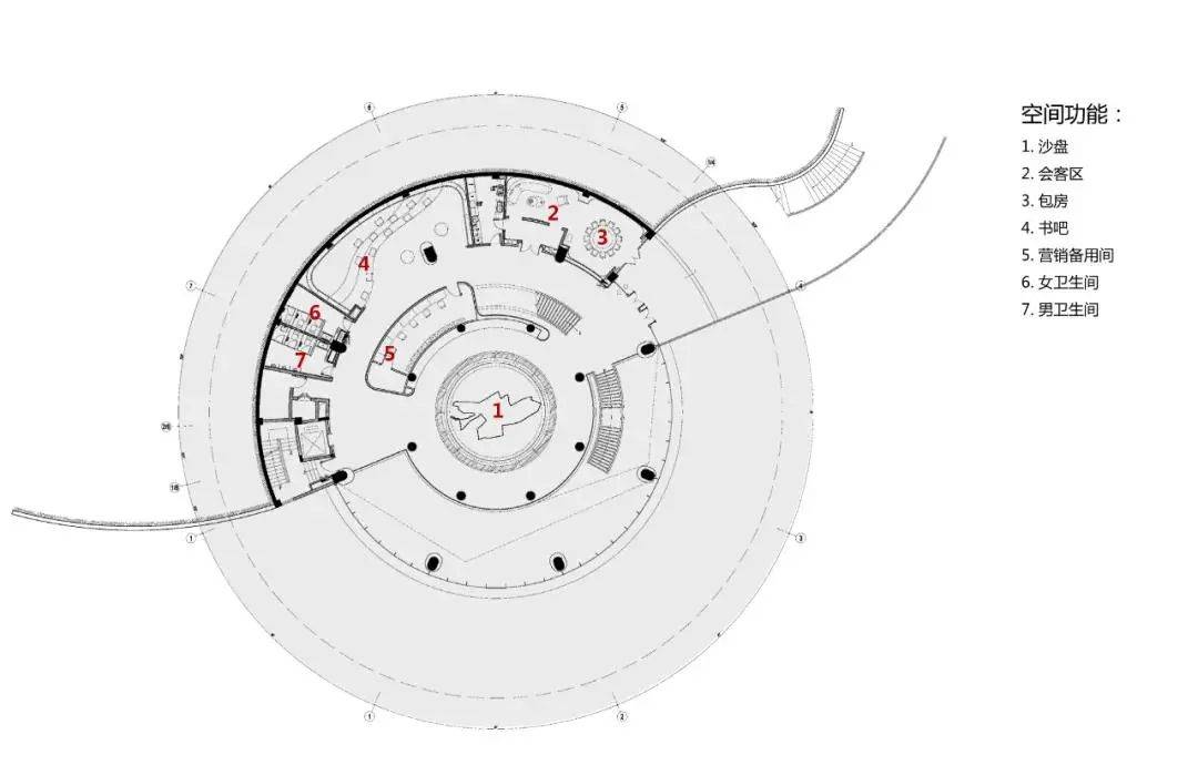 夹层天花板与地面设计展现了宇宙大爆炸的线条抽象图案,沙盘形似一个