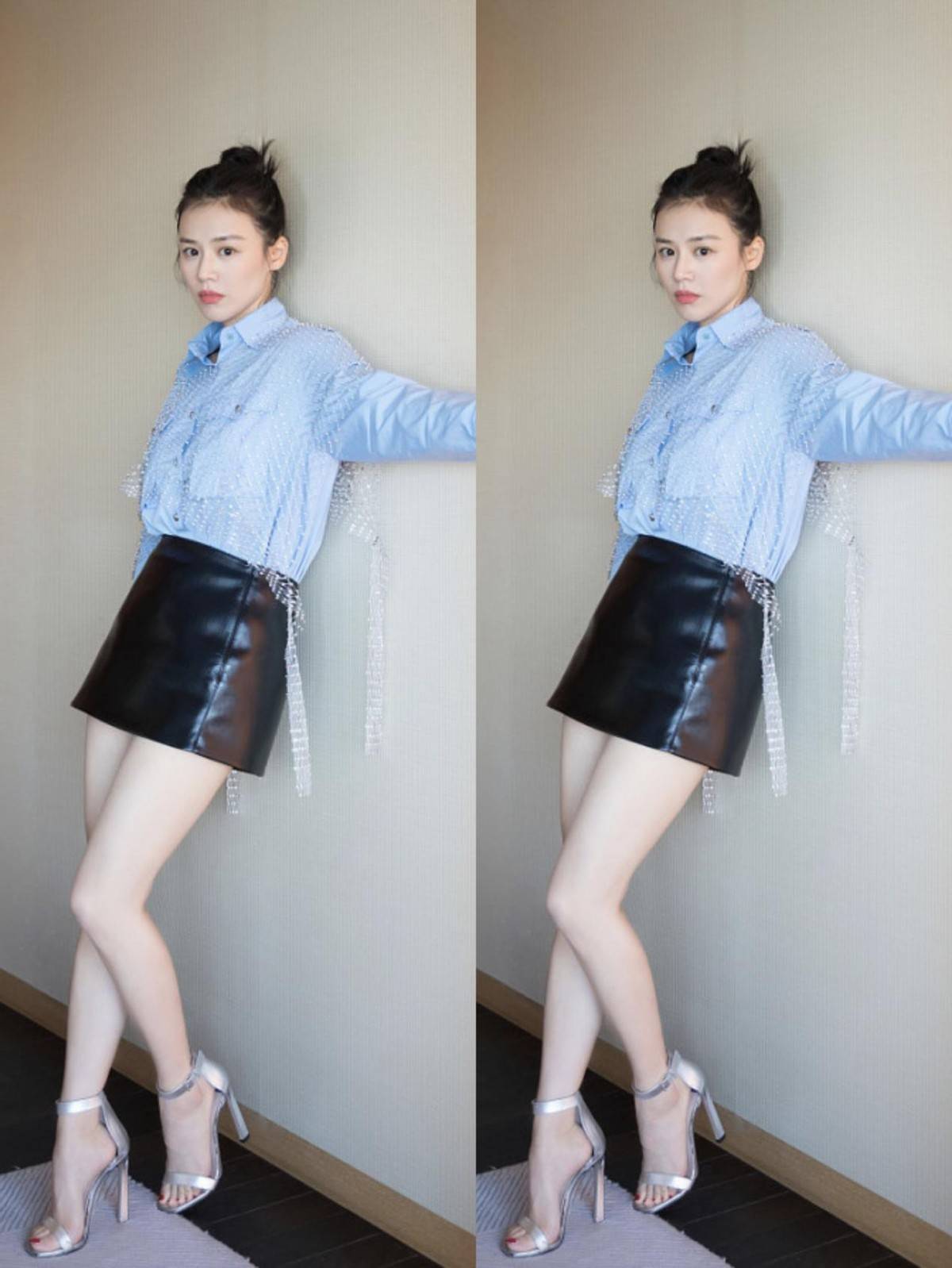 黑色|马思纯:黑色波点衬衫配上“烂裙子”,走轻熟风格,温柔中显时髦