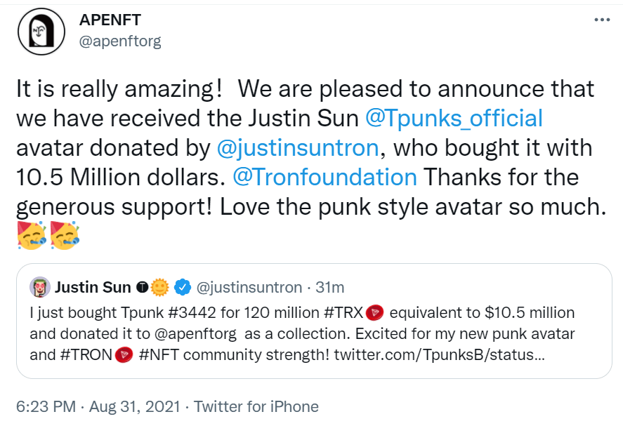 Tpunks|孙宇晨以1050万美元天价拍下Justin sun Tpunks