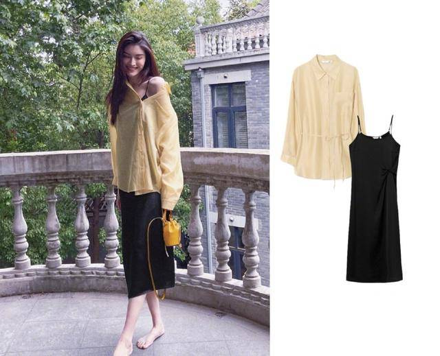 颜色|何穗也太会穿了，大号衬衫套吊带裙，既清爽防晒，又显白有气质。