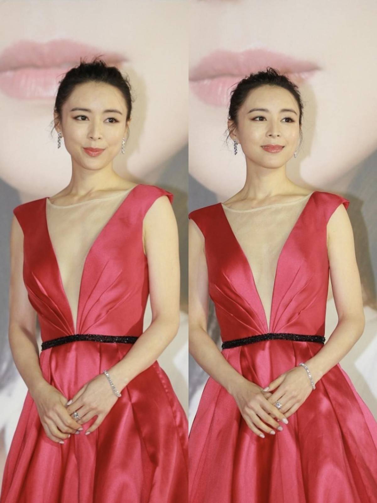 颜色|张静初真有电影人的高级感，穿红色V领的裙子，也照样不显低俗