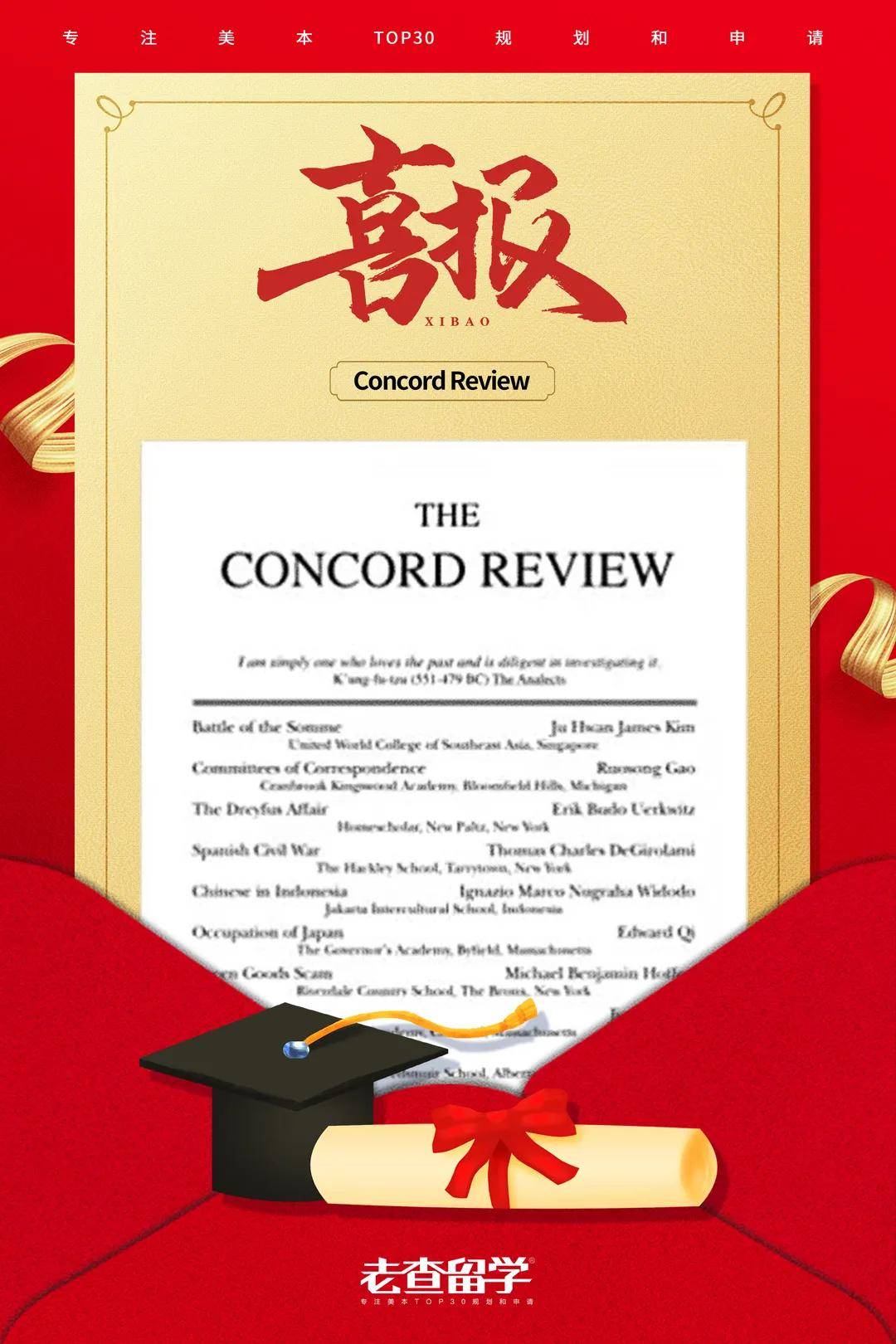 John|老查留学的G同学成功在Concord Review发表，C同学入围John Locke Final List