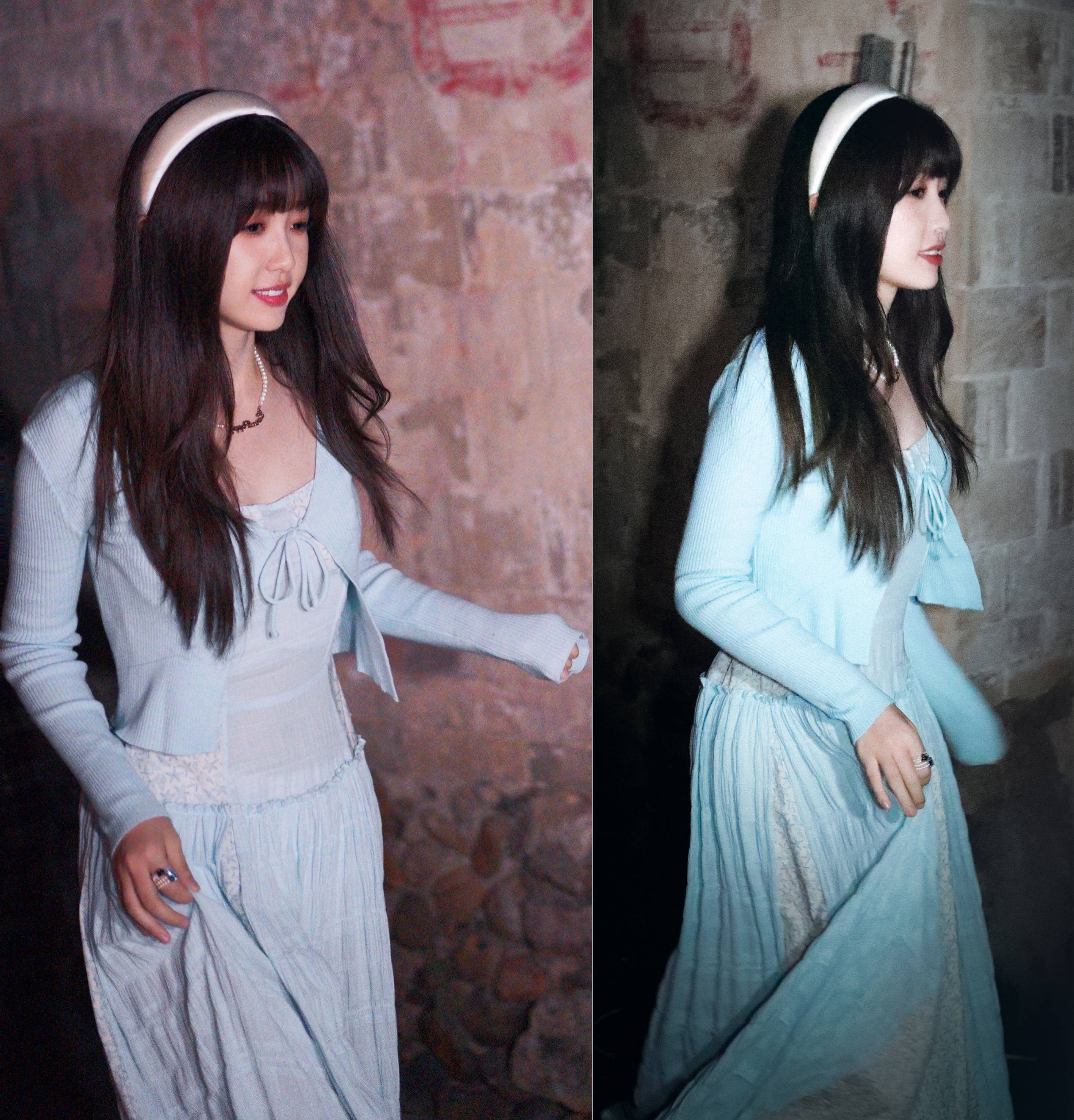 蓝色 长裙+针织开衫，虞书欣为你演绎：秋季浪漫纯美系穿搭范本~