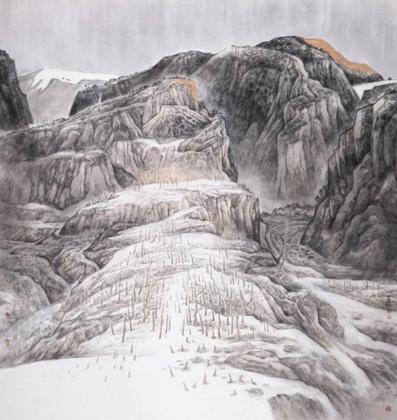 从画家李越的画作中不难看出,他对构成的掌控能力较为突出,将山水