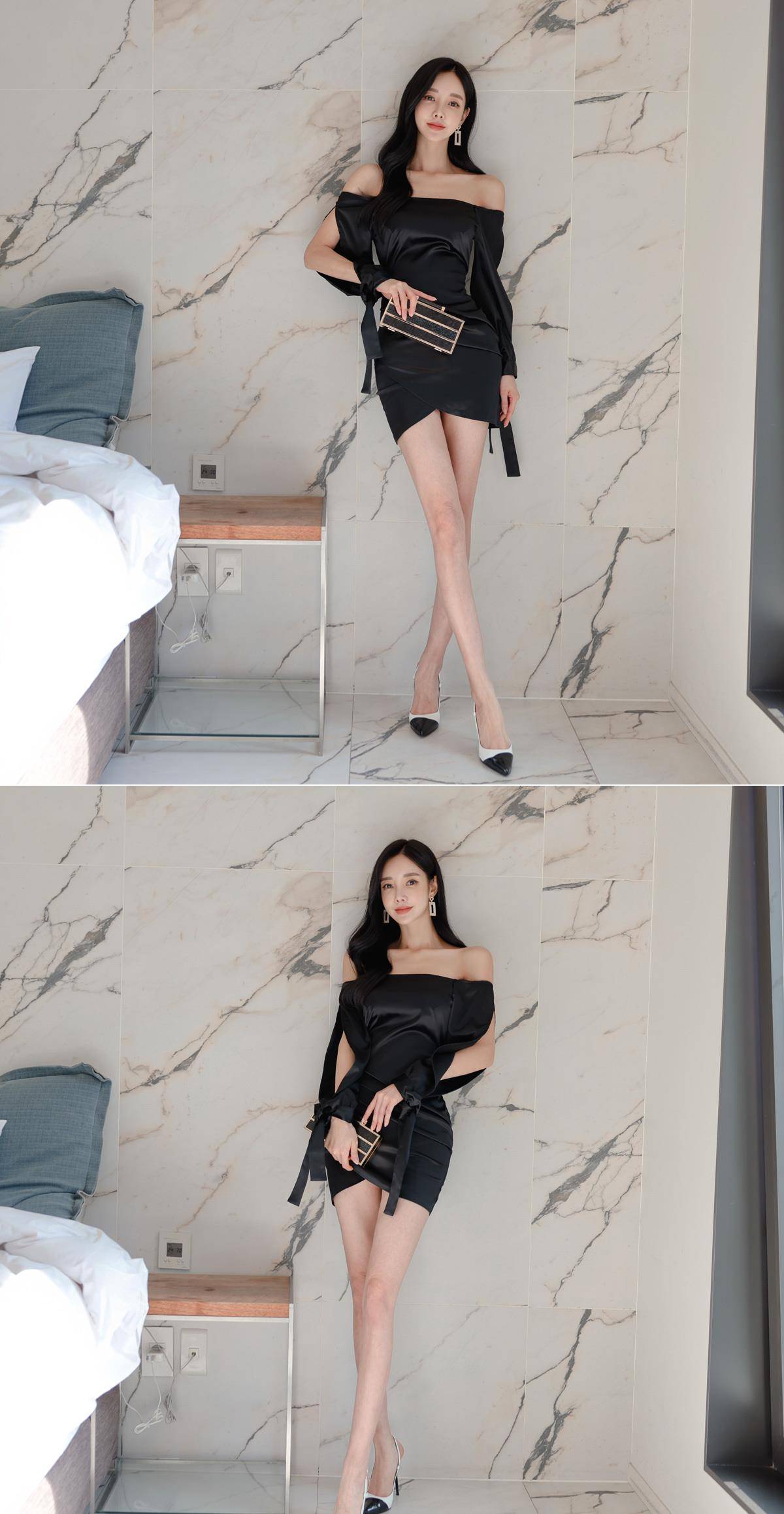 流线 极简设计的一字肩连衣裙，流线剪裁勾勒出身材曲线