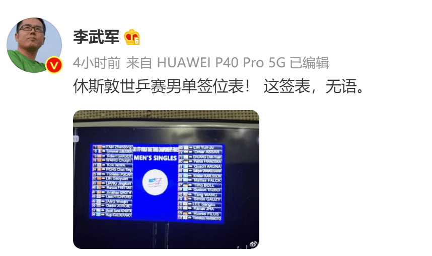 李武|下下签！热议国乒世乒赛签表，李武军：无语，国手：结果不能改变