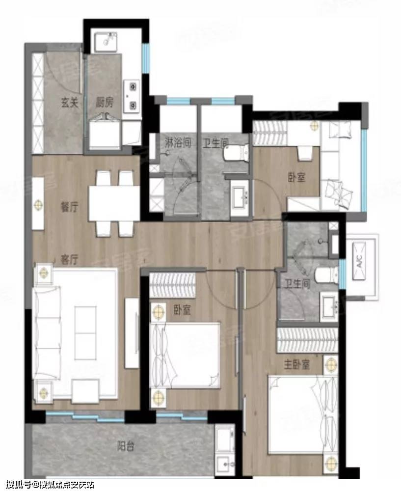 100㎡户型(竖厅), 3室2厅2卫1厨