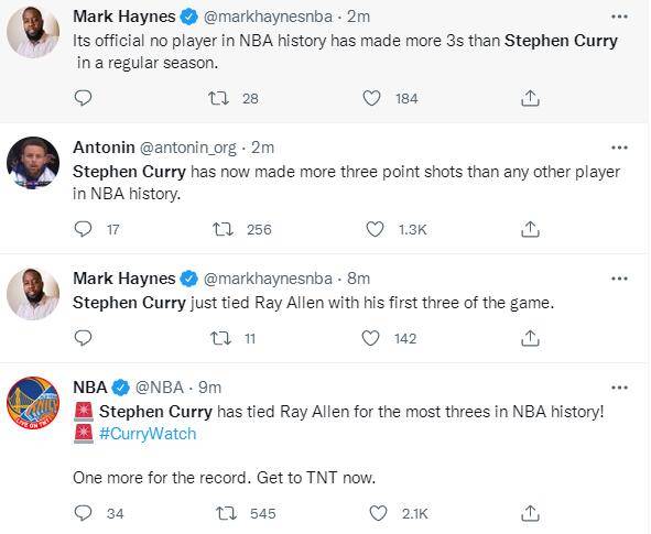 雷阿伦|2974个三分历史第一！NBA官方连续庆祝，全美转发库里纪录消息
