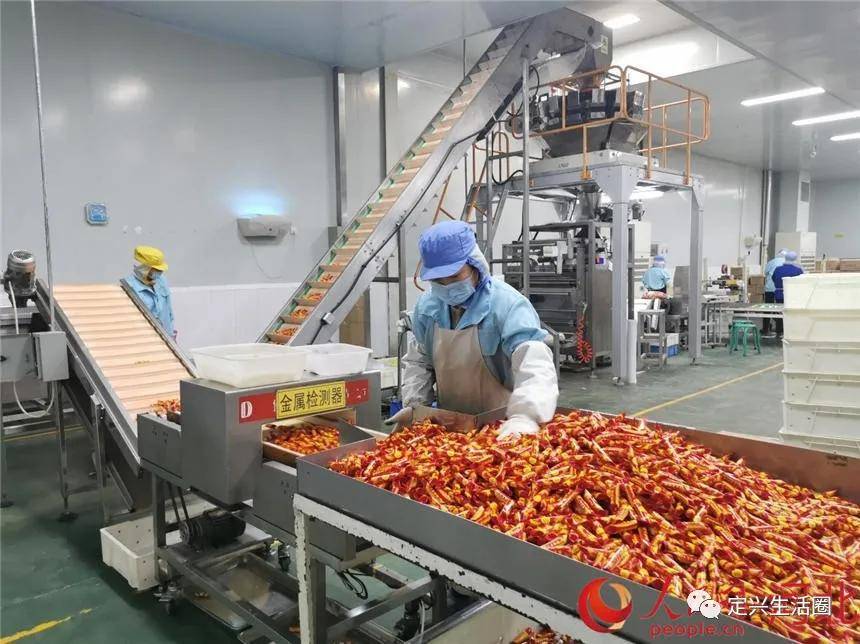 河北马大姐食品有限公司生产车间内,工人在烘焙流水线旁作业