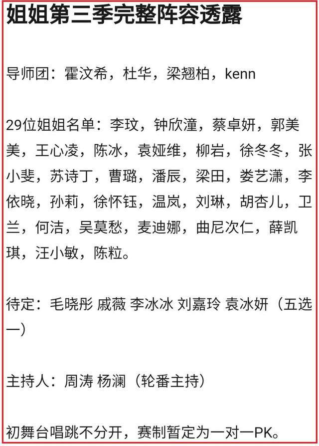 节目组|网曝《浪姐3》已确定29人，待定者五选一，2位前央视主持人加盟