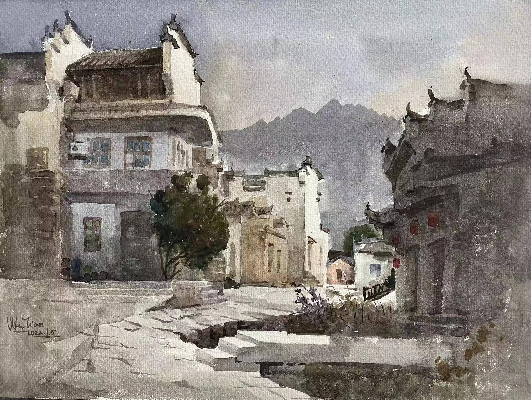 皖南冬色《屏山村》,吴天先生水彩写生作品分享_商家_冷点_静溢