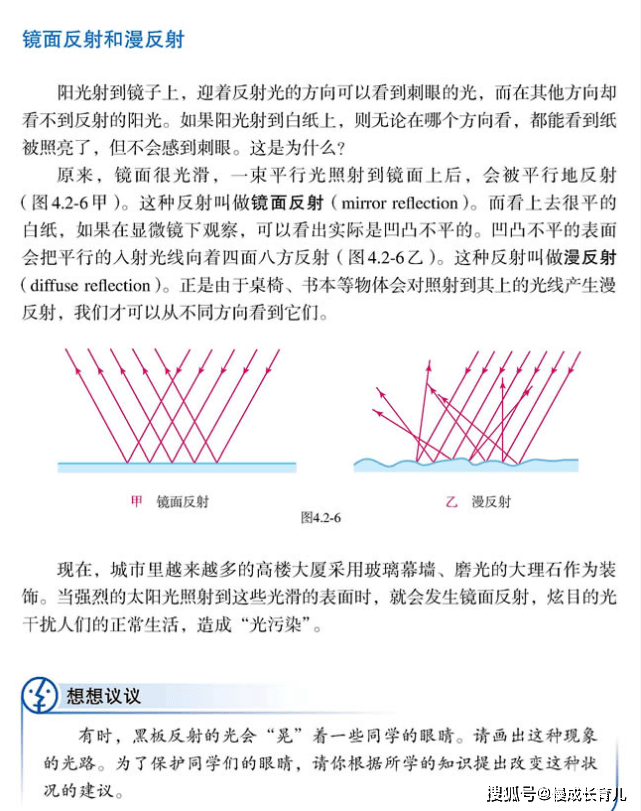 到光的反射、镜面反射、漫反射等。在人教版8年级的物理课程中也有学到：