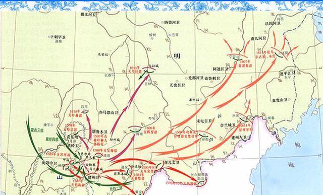 努尔哈赤统一女真作战示意图趁着海西女真锋芒被削弱的期间(古勒山之