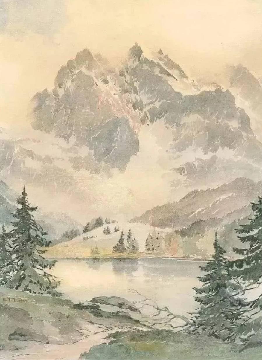德国艺术家爱德华西奥多康普顿气势宏伟的山脉风景画