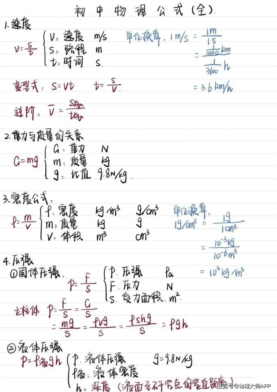 初中物理学霸の公式笔记建议保存