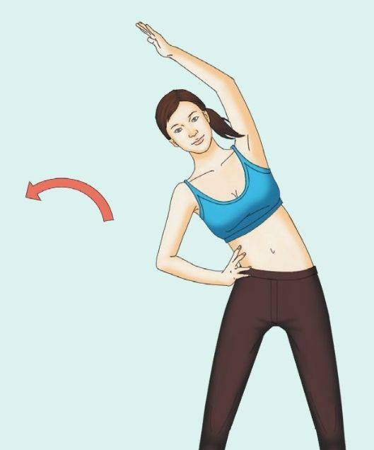 边吐气边向右侧弯腰,左臂从头侧伸向右,牵拉左右腹部尽量伸展.