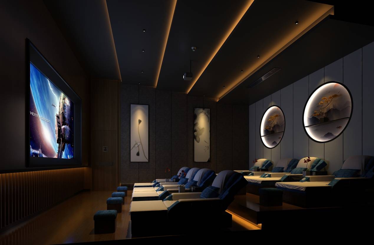 足浴房2足浴包间赫石的稳重硬朗,加以黑色踢脚金属的轻微点缀.