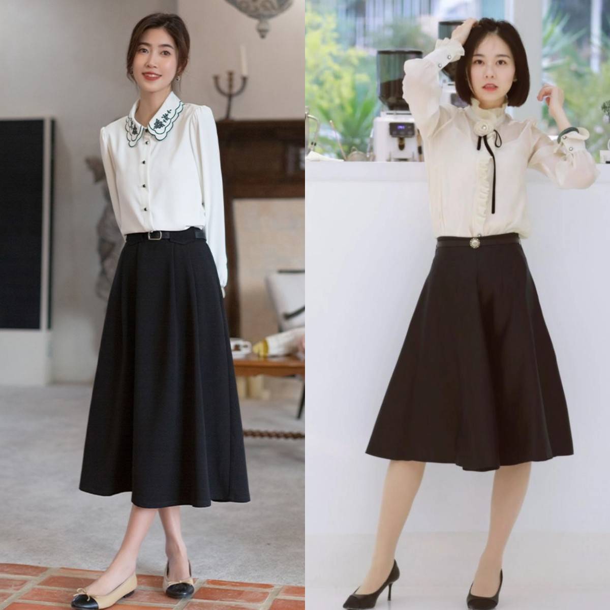 我们还可以选择带有"无袖设计"或是"半袖设计"的衬衣搭配赫本裙,打造