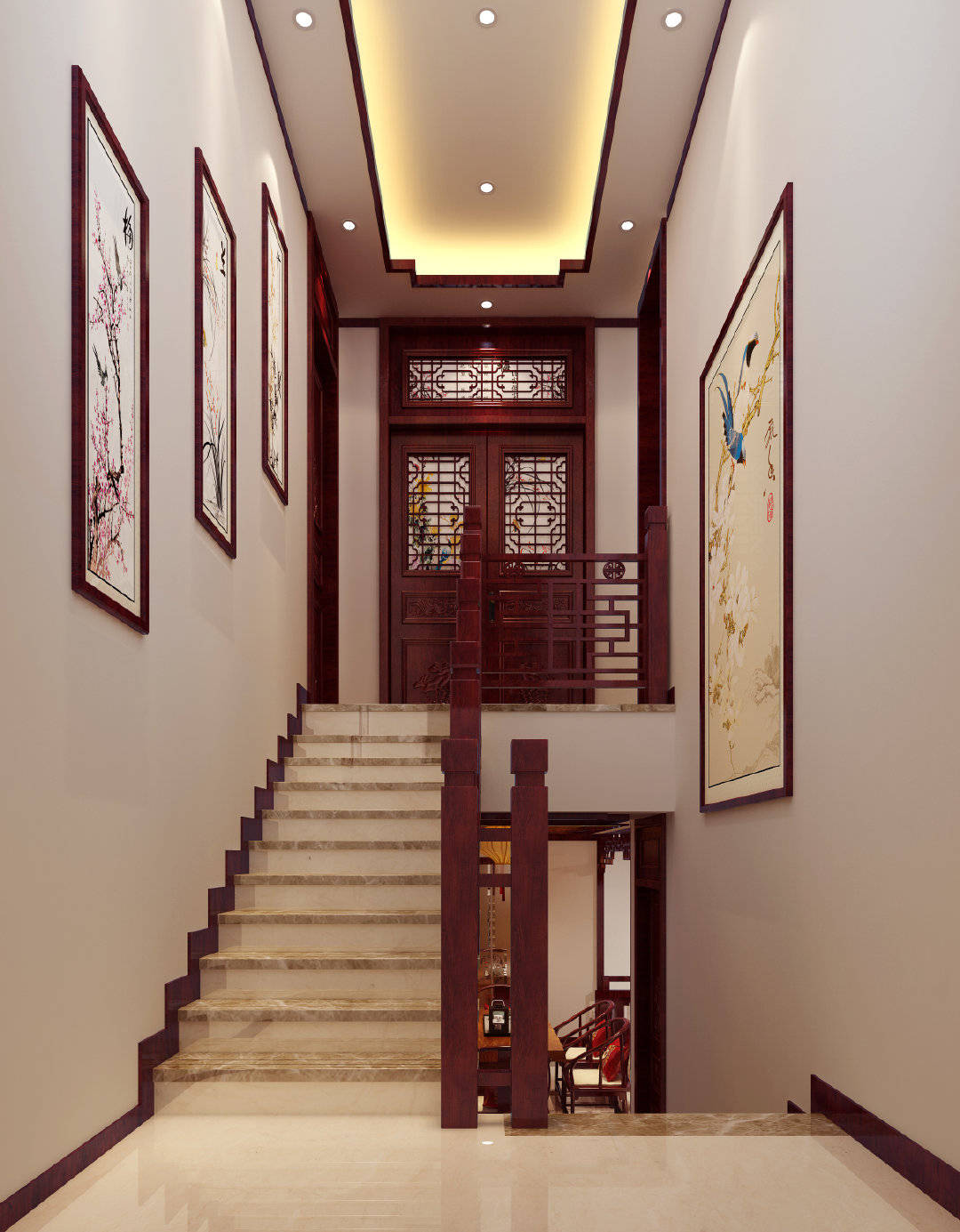 楼梯间卧室,简单笔直的红木线条装饰吊顶,加上传统风格的壁纸画元素