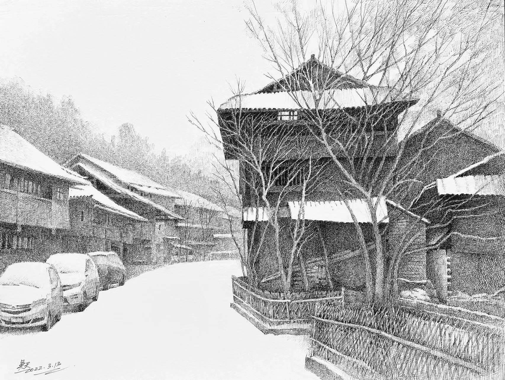 吴天先生的钢笔画系列作品《江南雪韵》