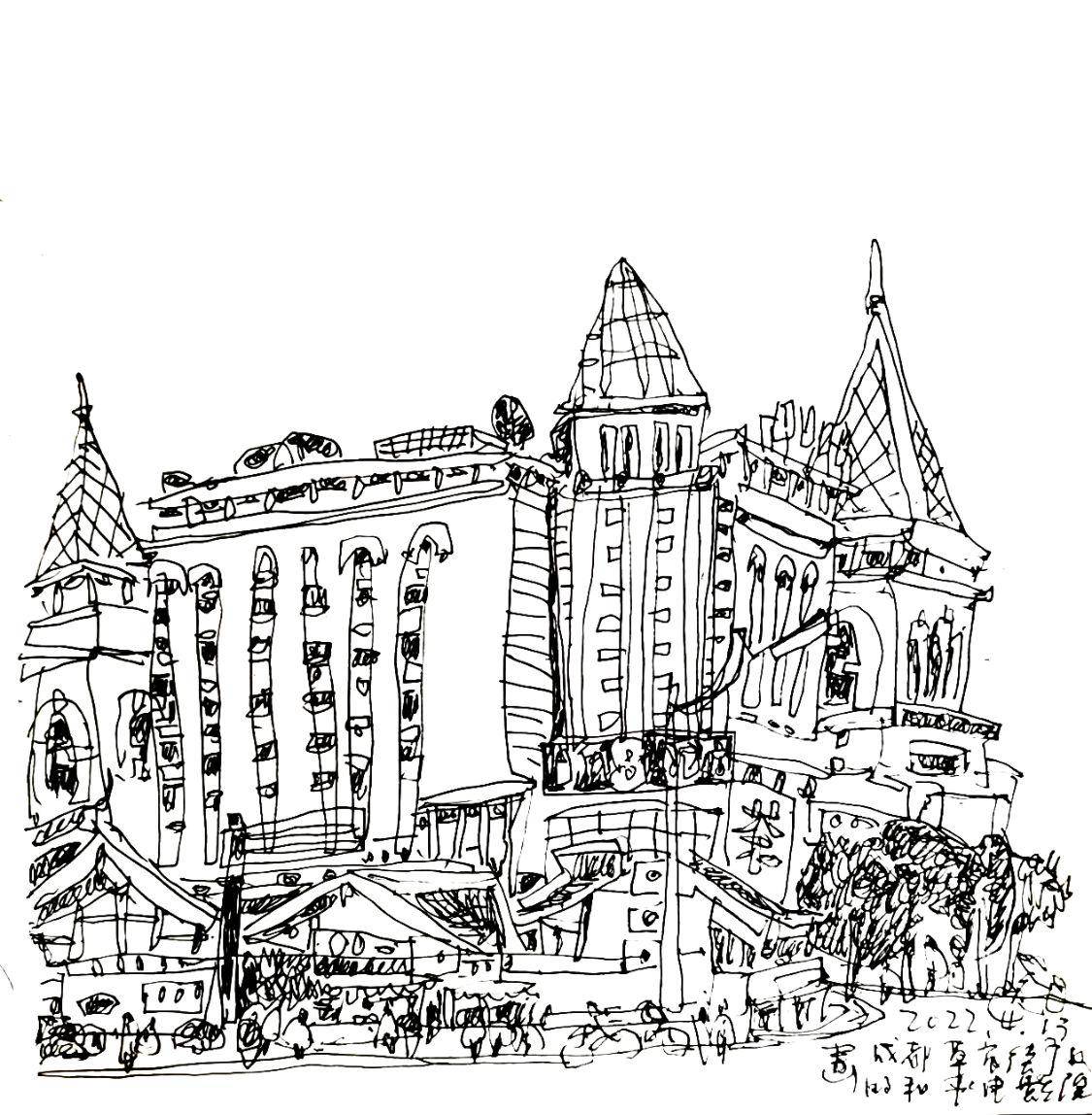 龙绪明画的成都草市街和平电影院和梁家巷地铁口对面索菲斯喀荻莎酒店