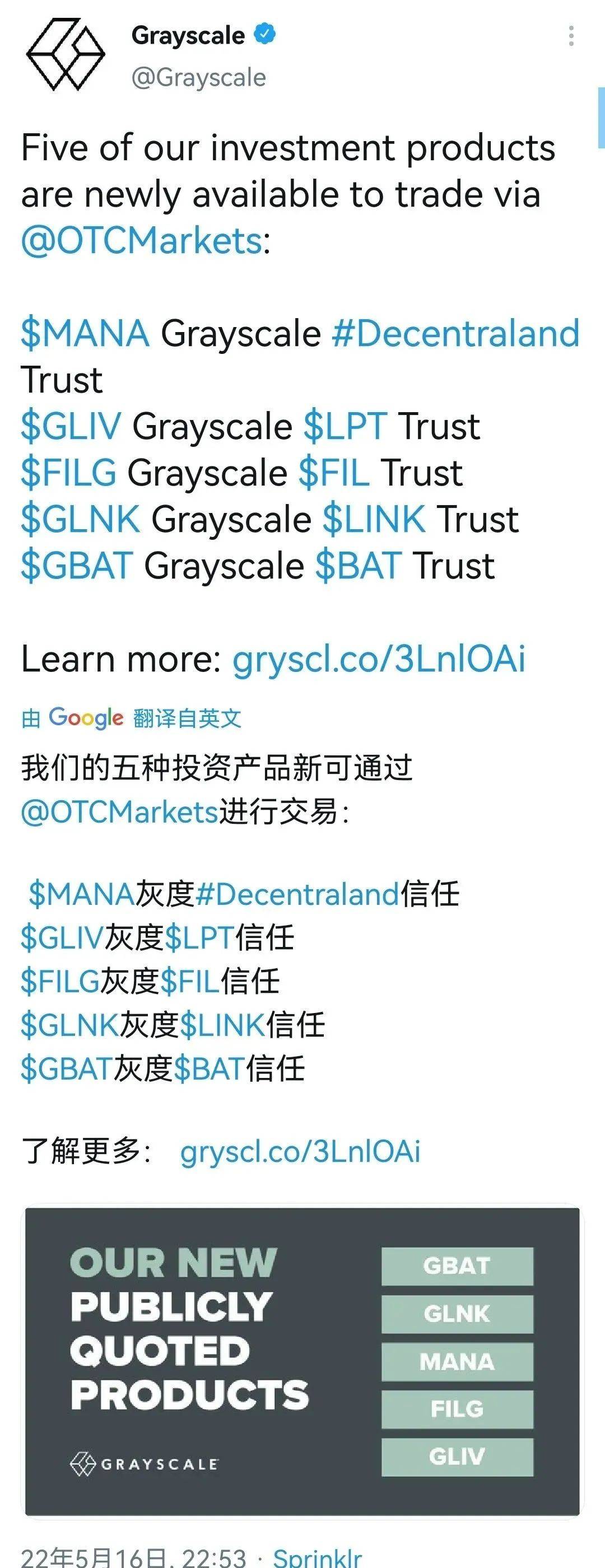 灰度在场外交易市场开放BAT、LINK、Mana、Fil和LPT相关的五种信托产品交易_搜狐网