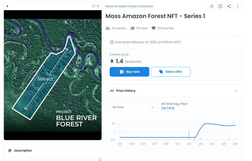为拯救亚马逊雨林，购买了一大片亚马逊的土地来铸造为NFT！不到一个小时就被抢购一空！
