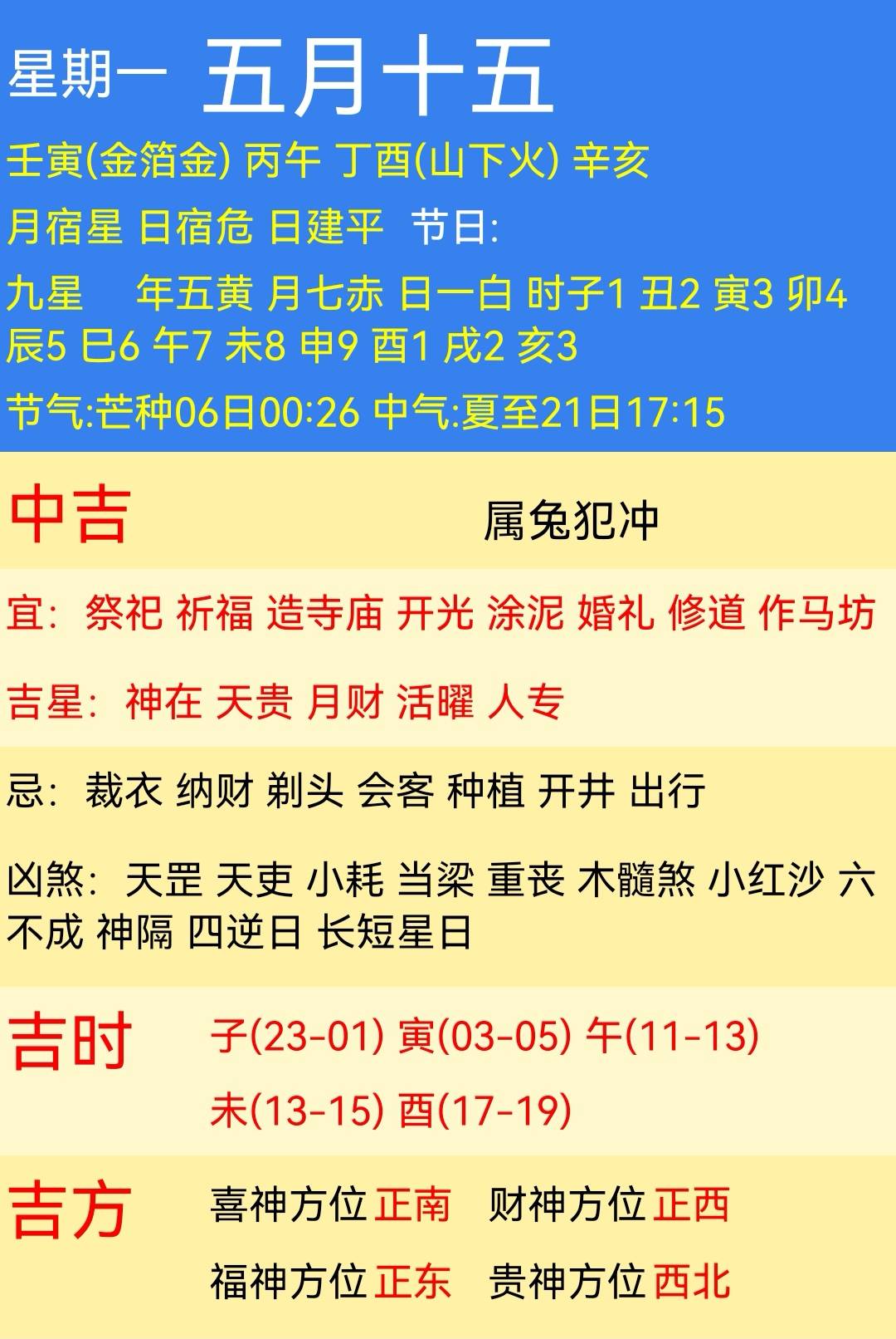 星期一,农历五月十五日(壬寅年丙午月丁酉日),法定工作日