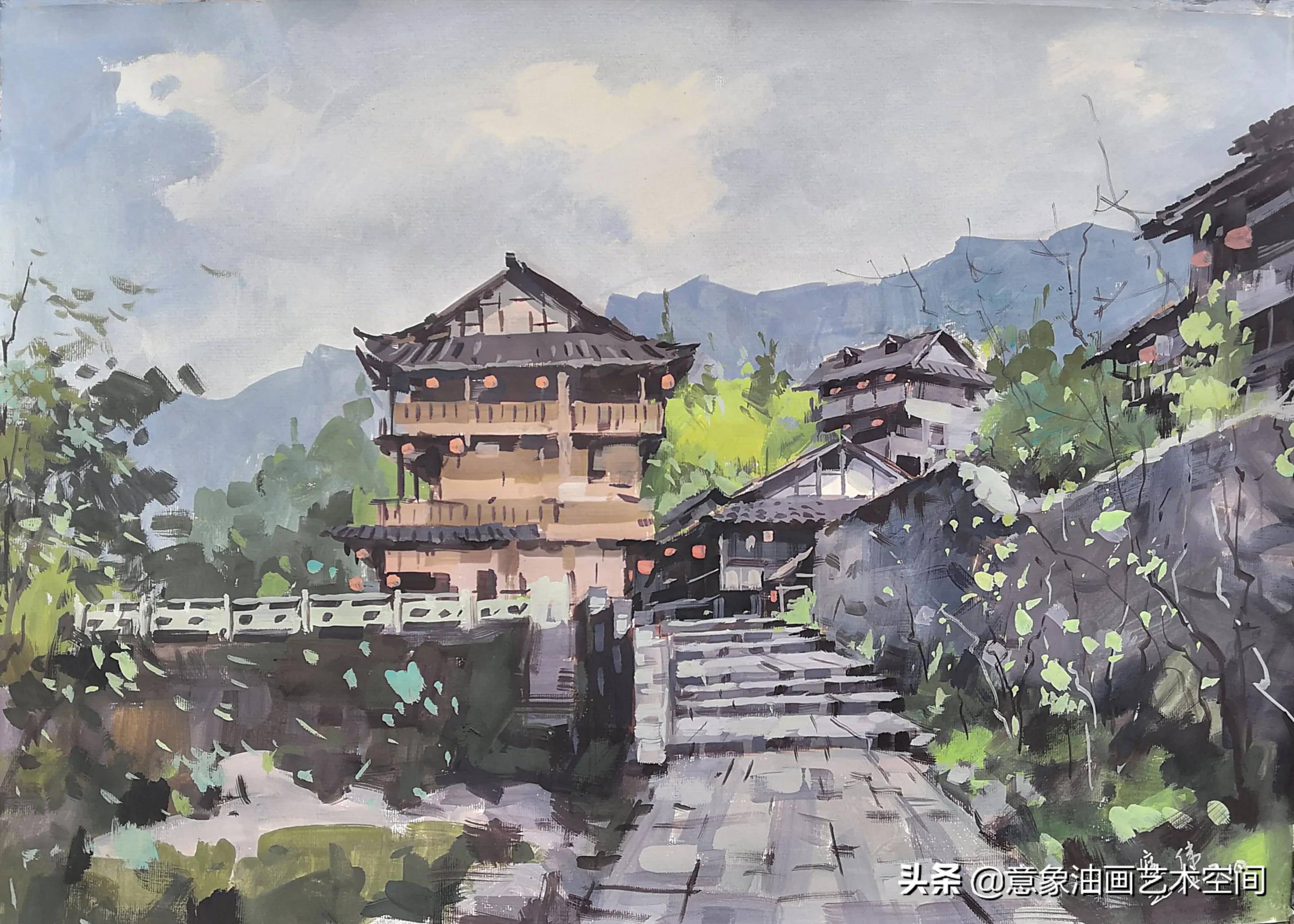 建筑水粉画 简单图片