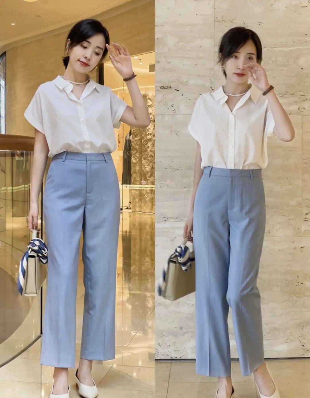 原创职场通勤怎么穿白色短袖衬衫配阔腿裤干练简约知性优雅