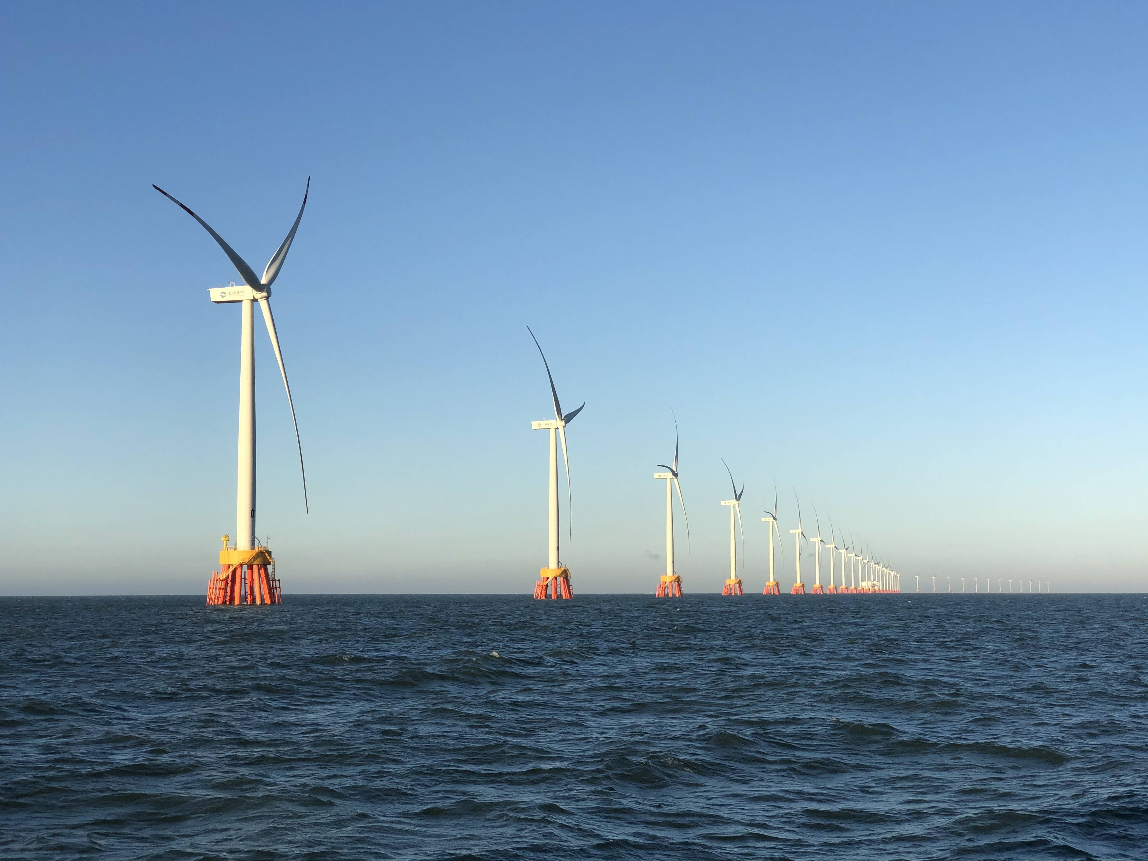海面上风机桨叶缓缓转动电气风电董事长缪骏风力发电或成未来主力能源