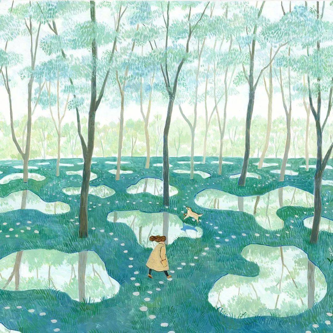 【插画】kunomari：蓝天白云，山川大海，惬意而宁静画面设计对比色 