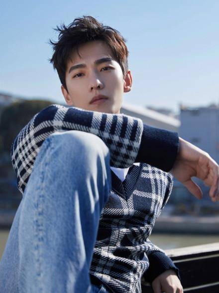 杨洋大片穿蓝白格学院风毛衣搭配蓝天背景,整个人清新帅气