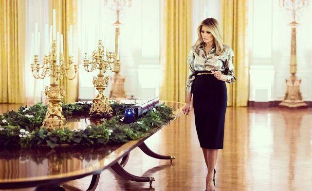 梅拉尼娅最后装扮白宫,铅笔裙显挺拔身姿,猫眼重现超模风采