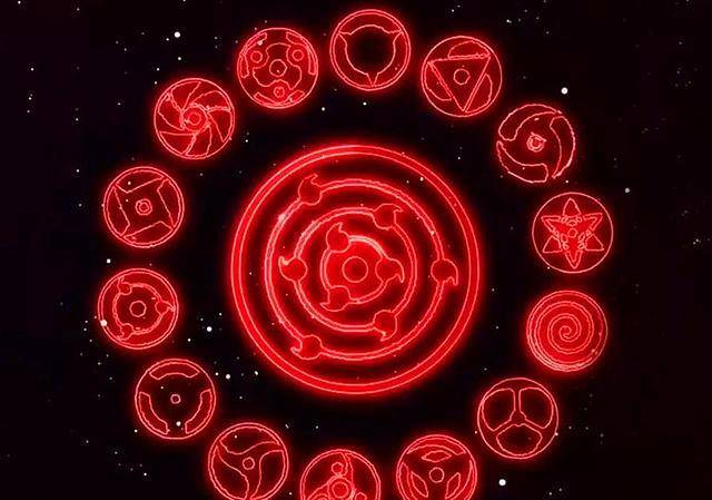 这个图案是最"杂乱"的,中间是轮回写轮眼,旁边拥有很多的万花筒写轮眼