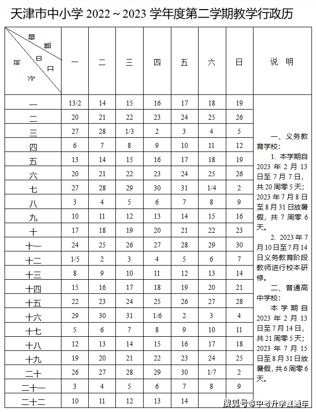 天津市2022-2023学年度第二学期教学行政历