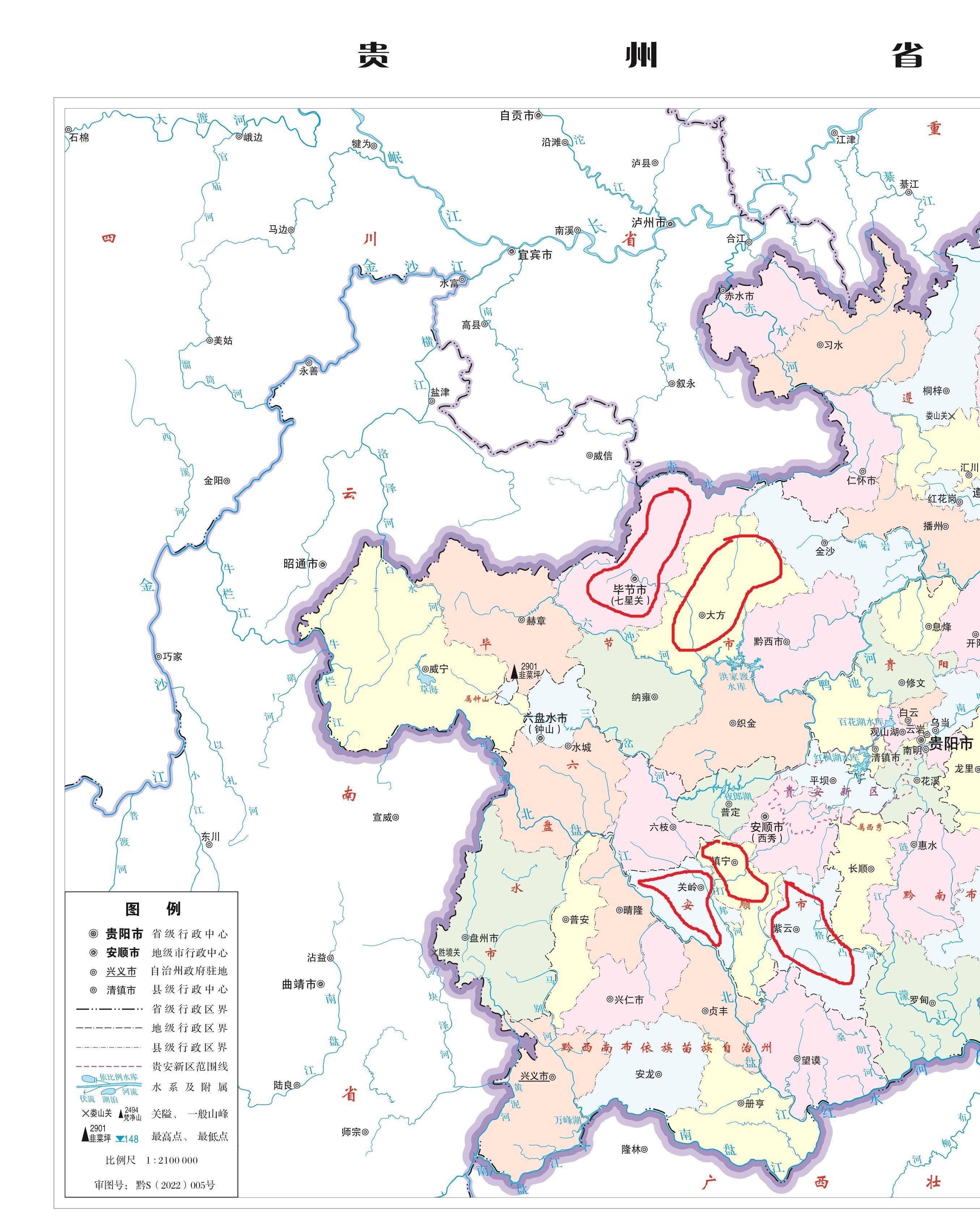 上面為貴州省西半幅地圖,安順市鎮寧縣,關嶺縣,紫雲縣與畢節市七星關