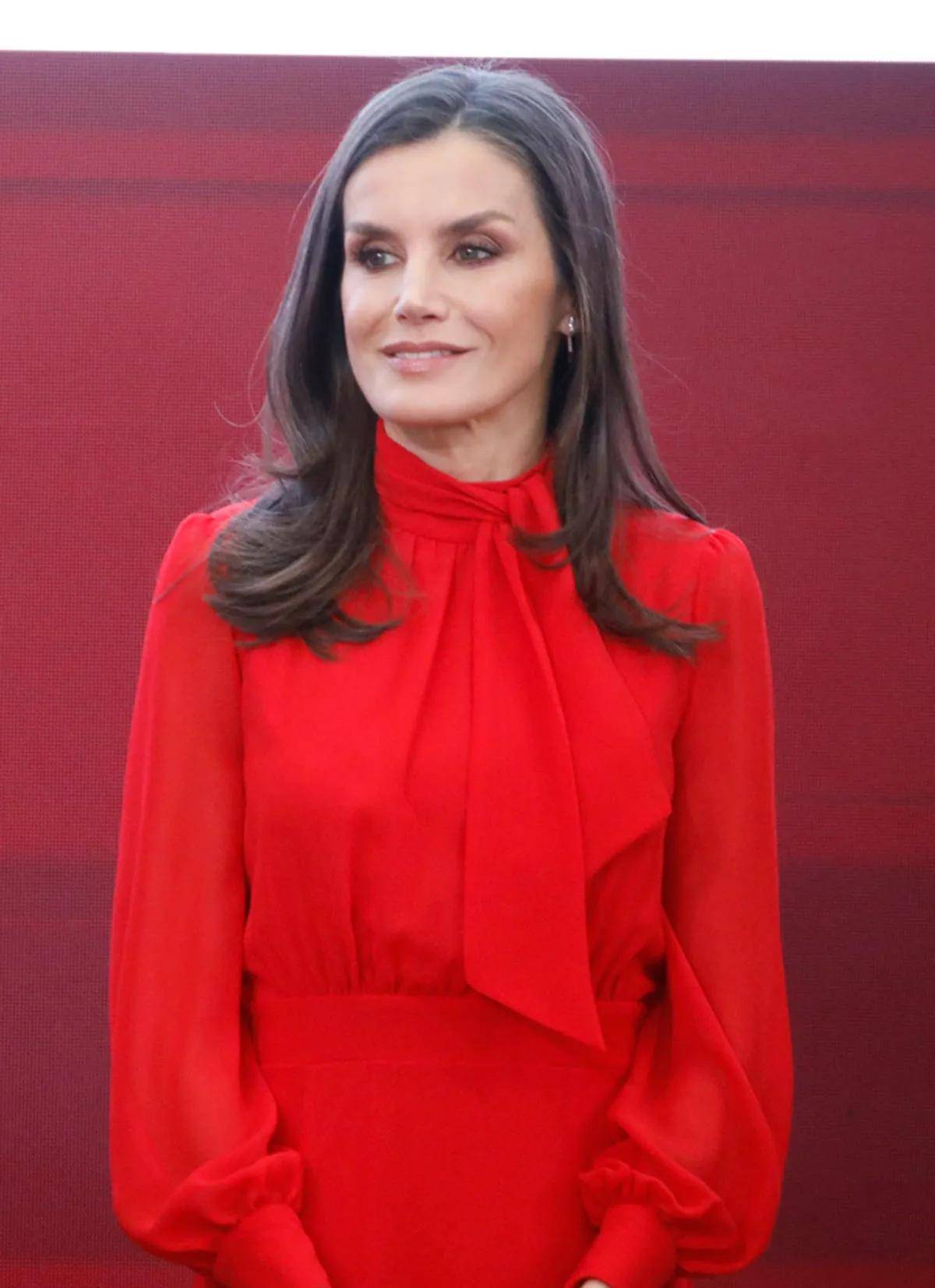 西班牙王后穿红裙现身,衣品依旧好,岁月催人老,白头发多了好多_活动