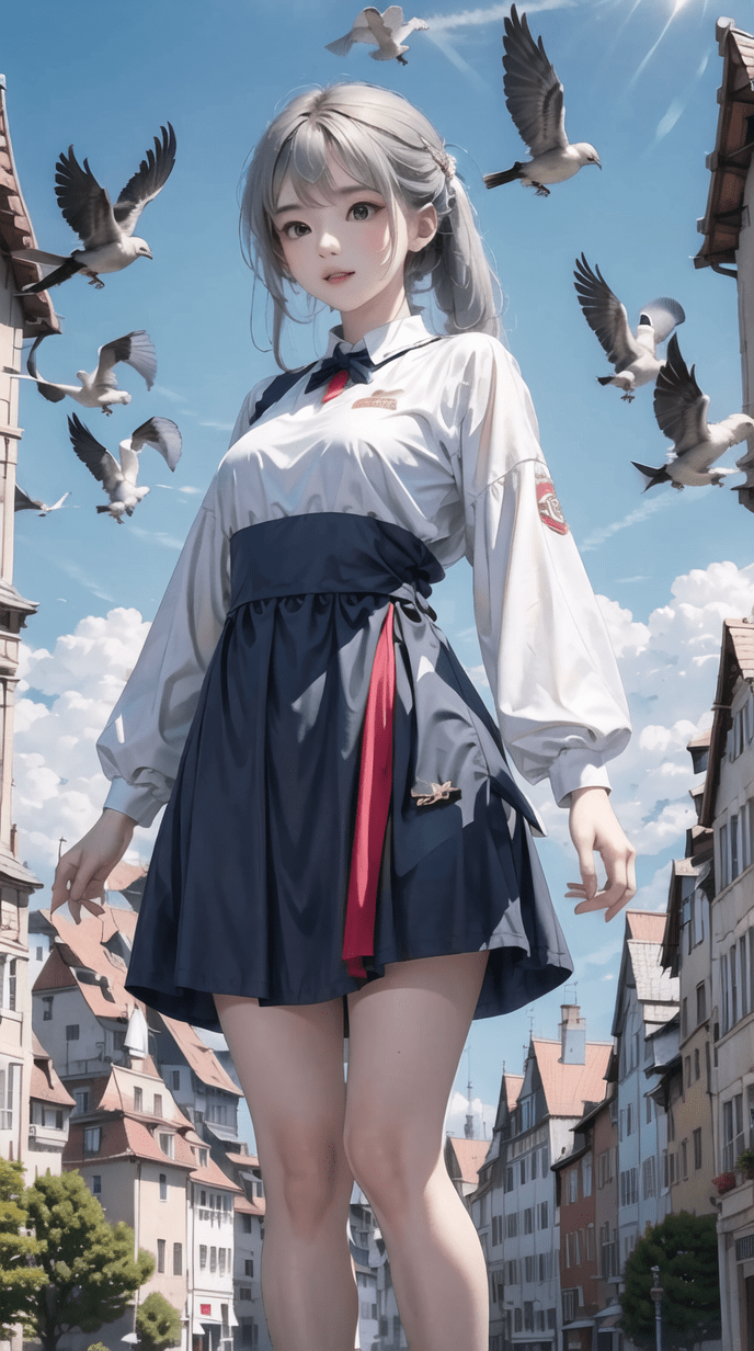ai美少女壁纸-裙角共白鸽起飞_城市_街道_欧洲