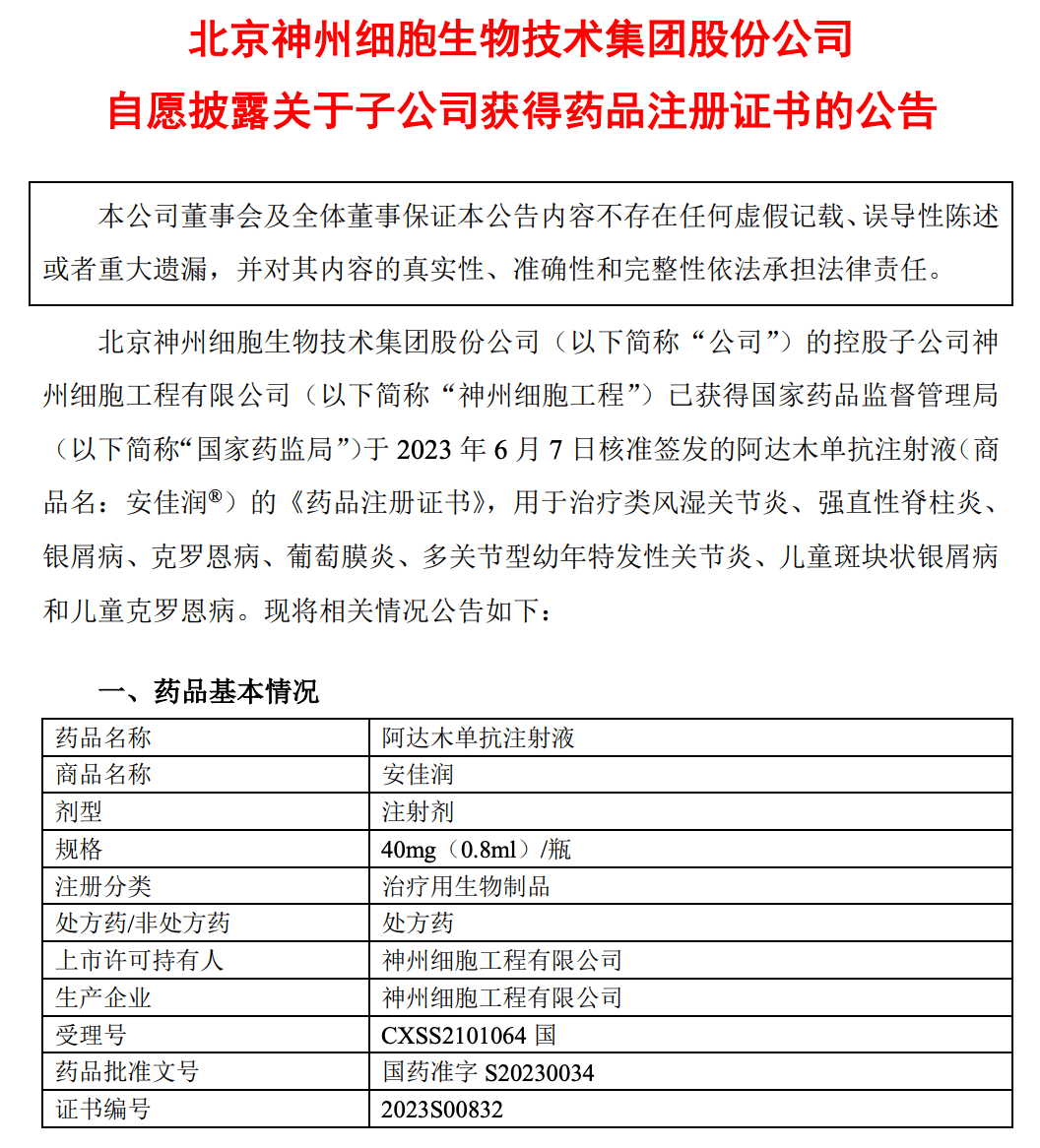 国产第7家:神州细胞阿达木单抗获批上市_生物_安佳_克罗恩