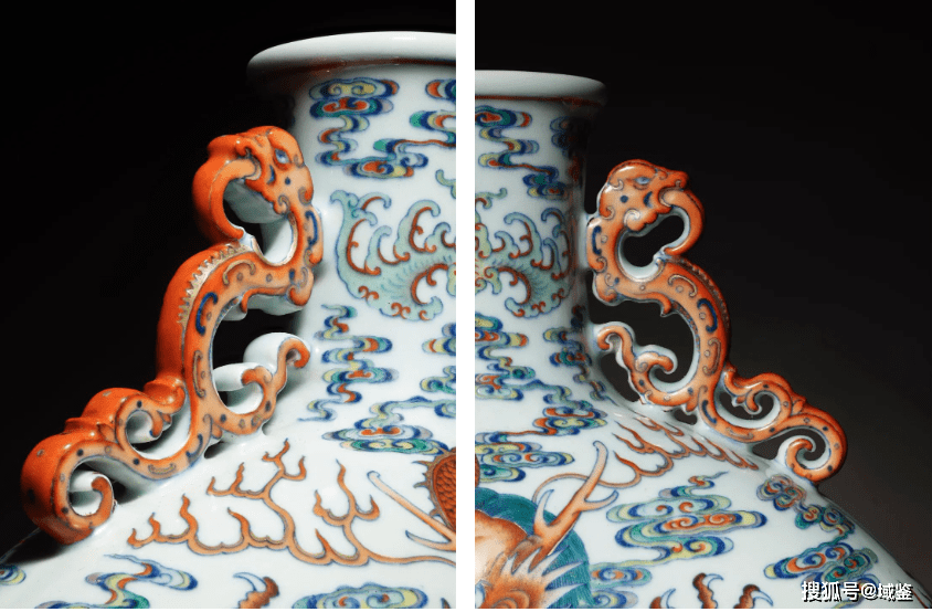 清朝：【粉彩「和諧」抱月瓶】仕様：高さ32.3cm 胴径24cm 耳距10cm 口径5.5cm【b】 清乾隆粉青釉浮雕龙纹抱月瓶高39直径26.5厘米