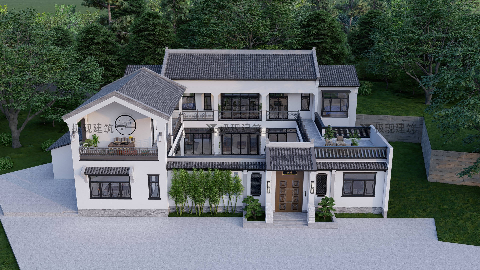 湖南长沙丨二层中式风格三合院,尺寸:26.8m×18.3m_建筑_卧室_公卫