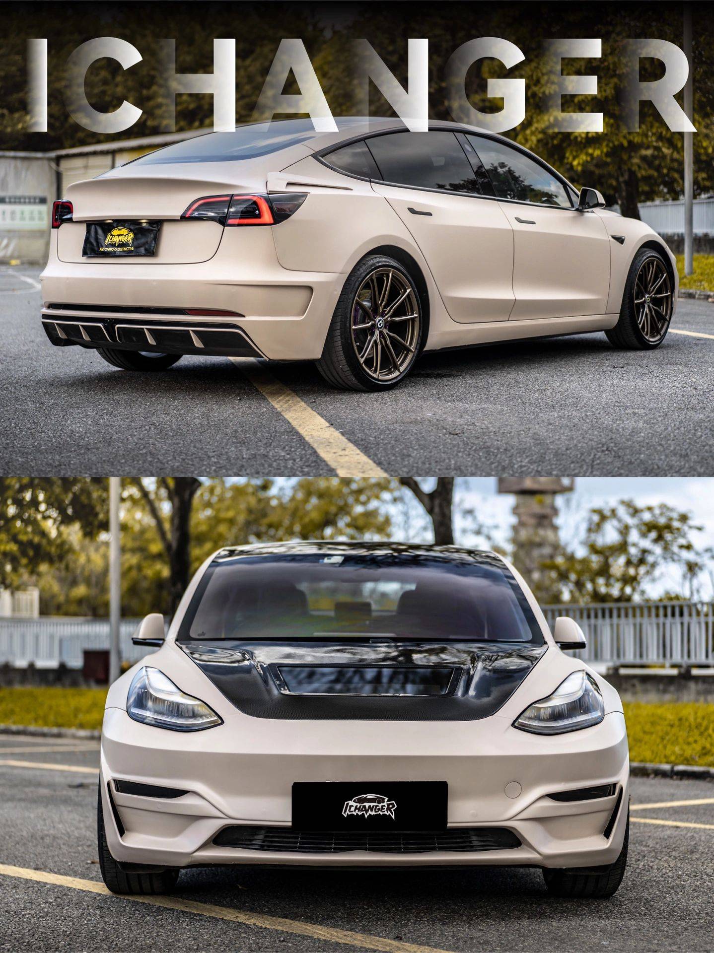 特斯拉model3-ichanger改色膜消光卡其米兰,充满艺术气质!