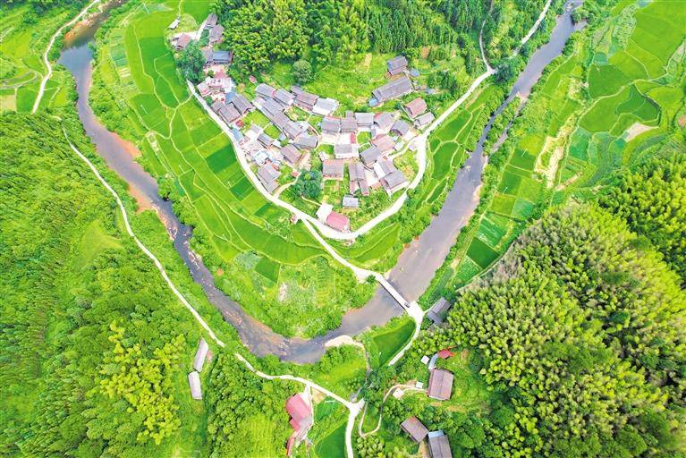 7月26日,无人机镜头下的天柱县地湖乡岩古村,绿油油的农田与村庄,河流