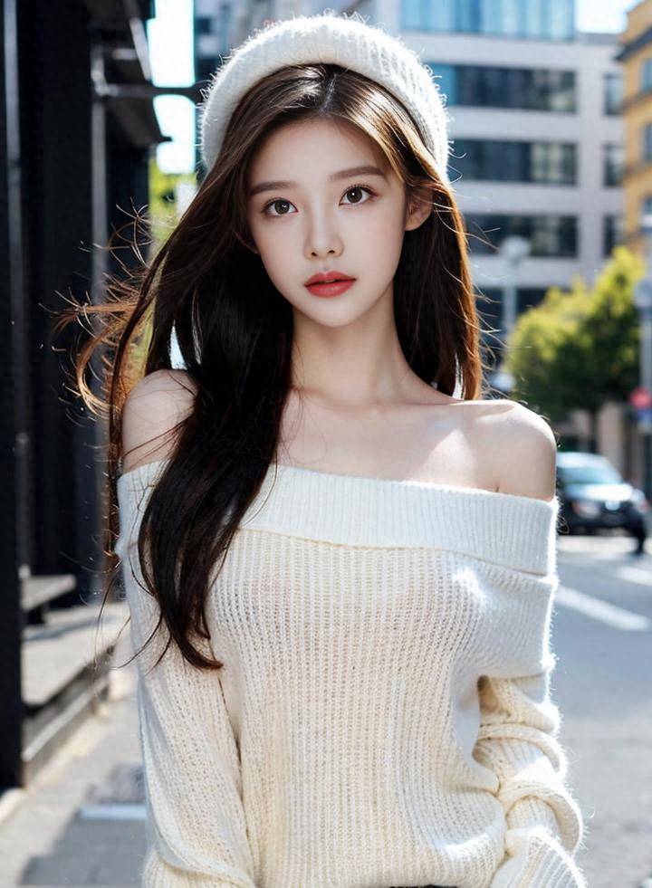 高清美女壁纸,穿着白色露肩毛衣的好看网络小姐姐