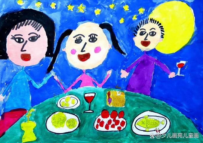 创意儿童画赏析:画出最美的赏月_色彩_画面_月亮