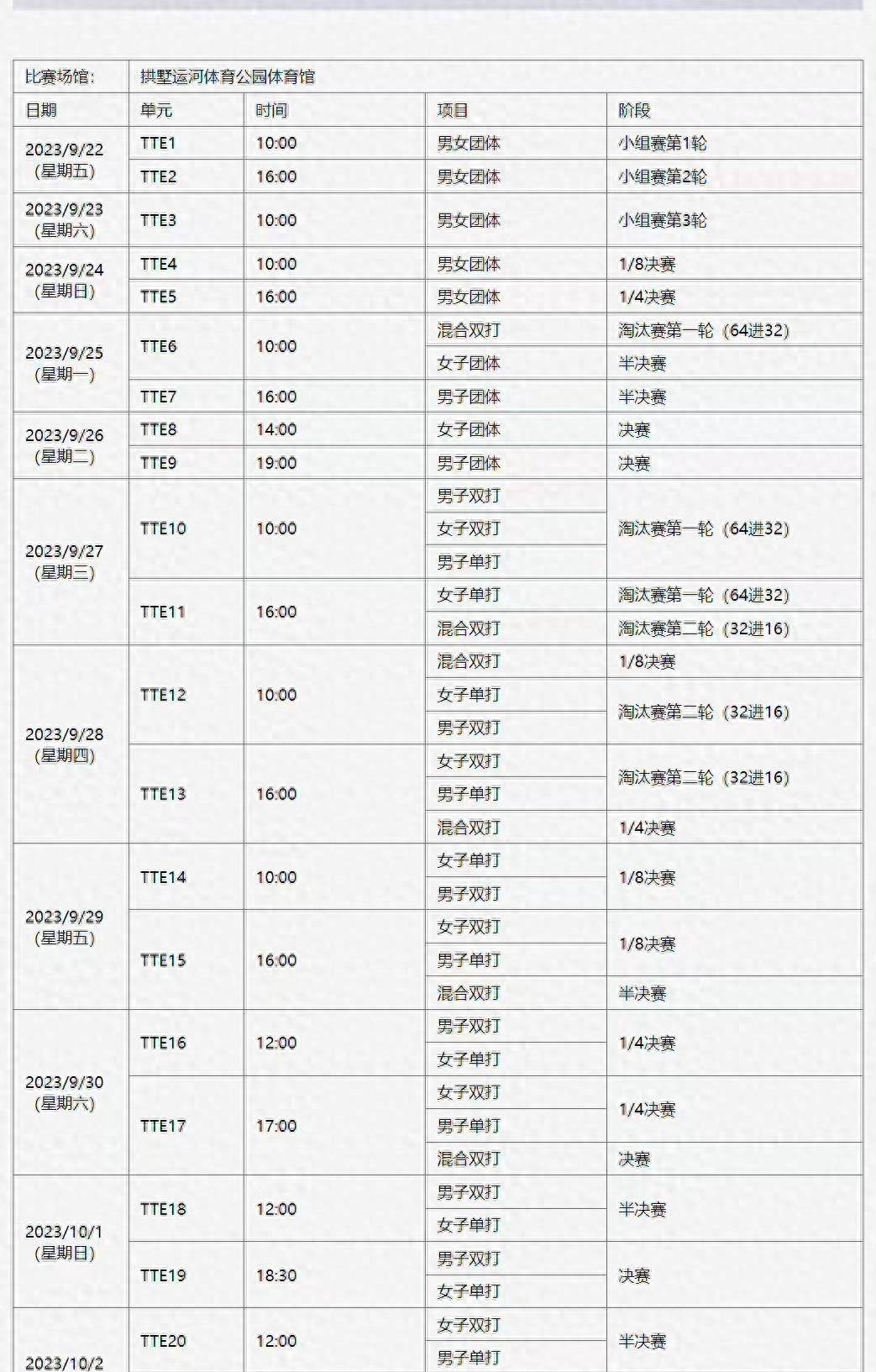 9月24日 乒乓球亚运会赛程表 比赛对阵时间一览